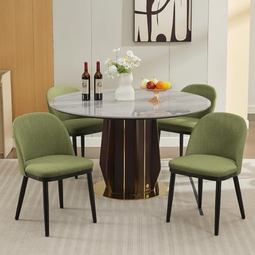 Set of 4 Green Linen Upholstered Dining Chairs, Curved Back Wood Frame Kitchen Side Seats