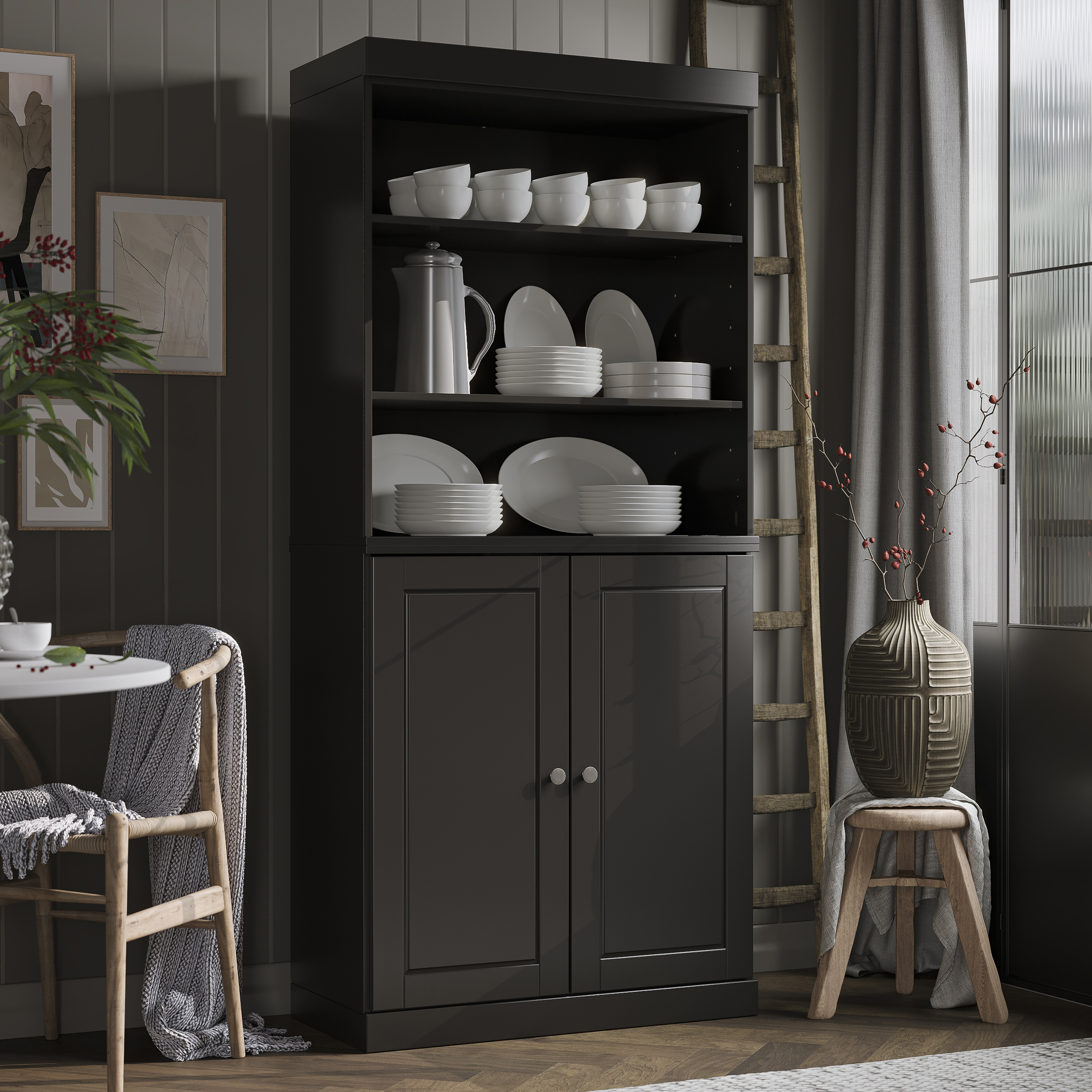 Palace Imports 100% Solid Wood 32" Kitchen Pantry Cabinet with Solid Doors, Black