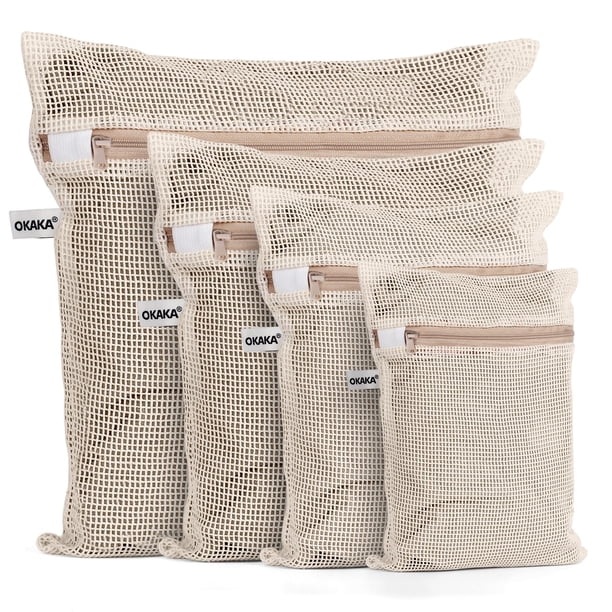 Bolsas para ropa delicada OKAKA de malla 100% algodón, set de 4, color natural
