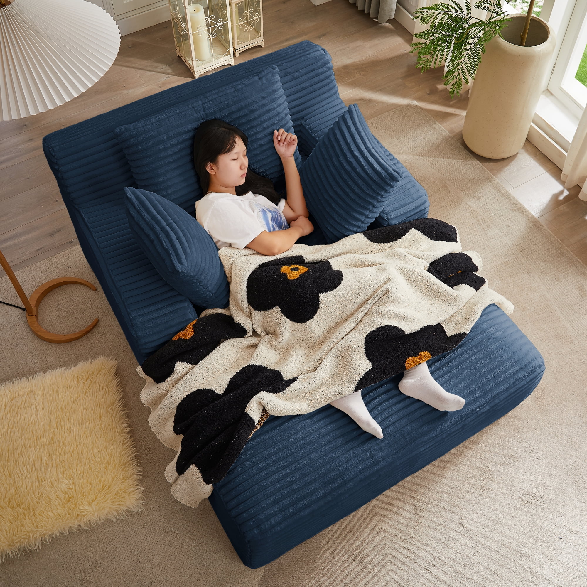 Leumius Oversized Chaise Lounge Chair Indoor,Modern Corduroy Deep Seat Chaise Lounge with 3 Throw Pillows, Square Arm Boneless Floor Sofa,Lazy Sofa for Living Room Bedroom,No Assembly,Blue
