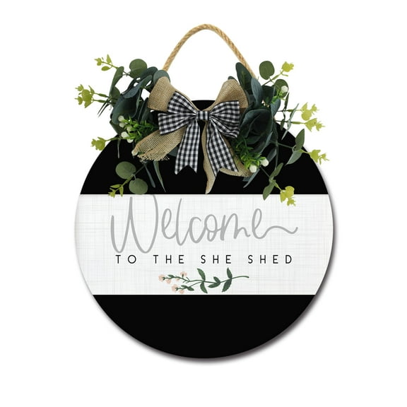 Welcome To The She Shed Front Door Sign Funny Wreaths Hanging Wooden Plaque Decoration Round Rustic Wood Farmhouse Porch Decor for Home Front Door Decor, 12 x 12 Inch
