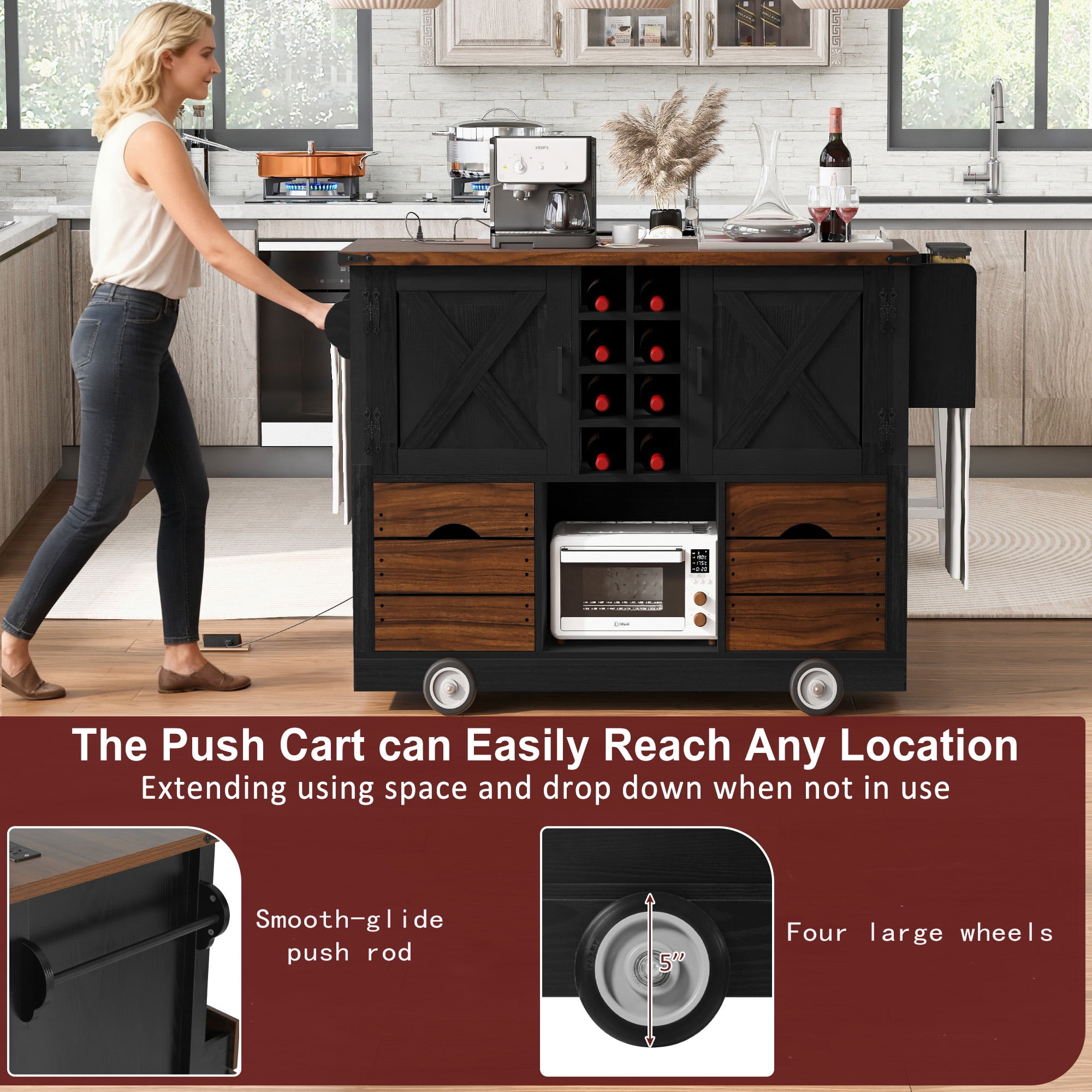 Homy Casa Rolling Kitchen Island with Drop Leaf, Wine Rack, Drawers and Storage Cabinets