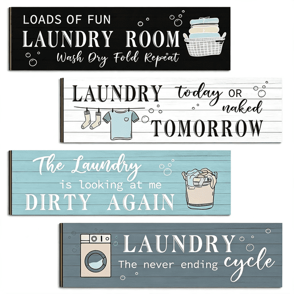 LQSEO 4 Pcs Laundry Room Wall Decor Funny Wooden Sign with Humorous Quotes Rustic Farmhouse Decoration for Laundry Room Bathroom Restroom Washroom Toilet Home