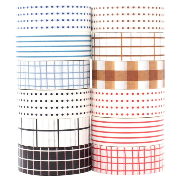 YUBX Basic Washi Tape Set 12 Rolls Dot & Grid Masking White Decorative Tapes