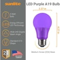 thumbnail image 3 of Sunlite LED A19 Colored Light Bulb, 3 Watts (25w Equivalent), E26 Medium Base, Non-Dimmable, UL Listed, Party Decoration, Holiday Lighting, Purple, 3 Pack, 3 of 6