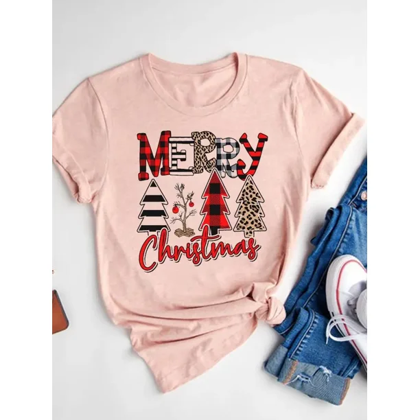 Camiseta con estampado de dibujos animados para mujer, ropa de manga corta de Navidad, moda de Año Nuevo, camisetas gráficas básicas