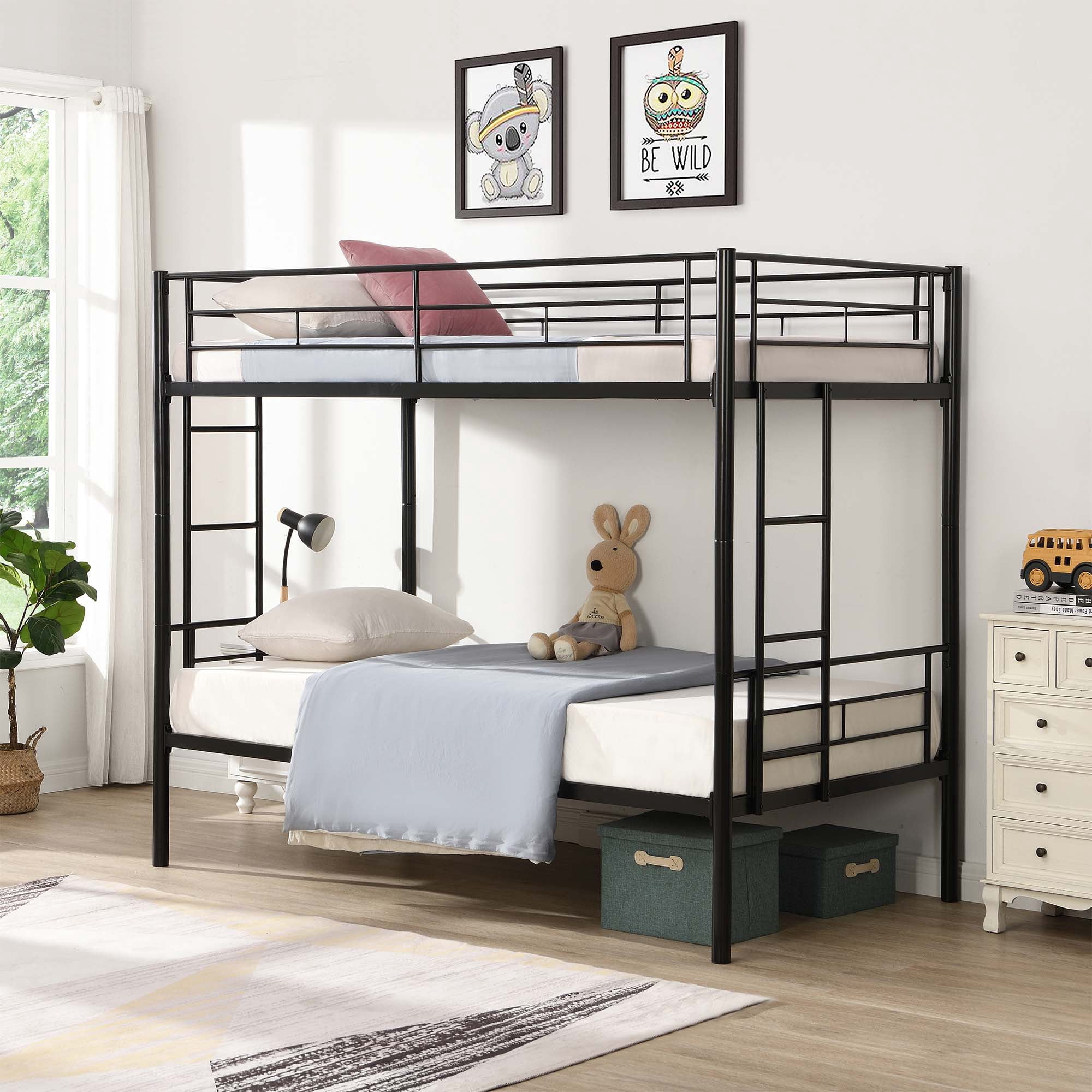 Aukfa Metal Bunk Bed Twin over Twin, Able to Split Two Beds for Kids Teens Dorm - Black