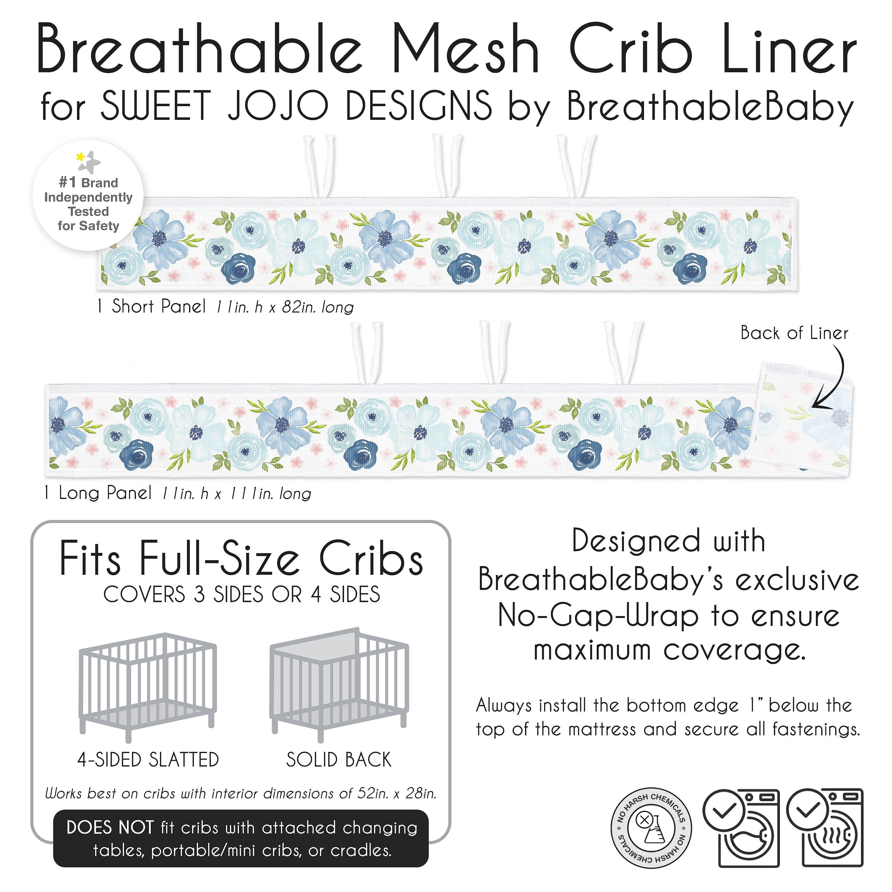 Sweet Jojo Designs + BreathableBaby Watercolor Floral Blue Pink White Breathable Mesh Crib Liner Pad
