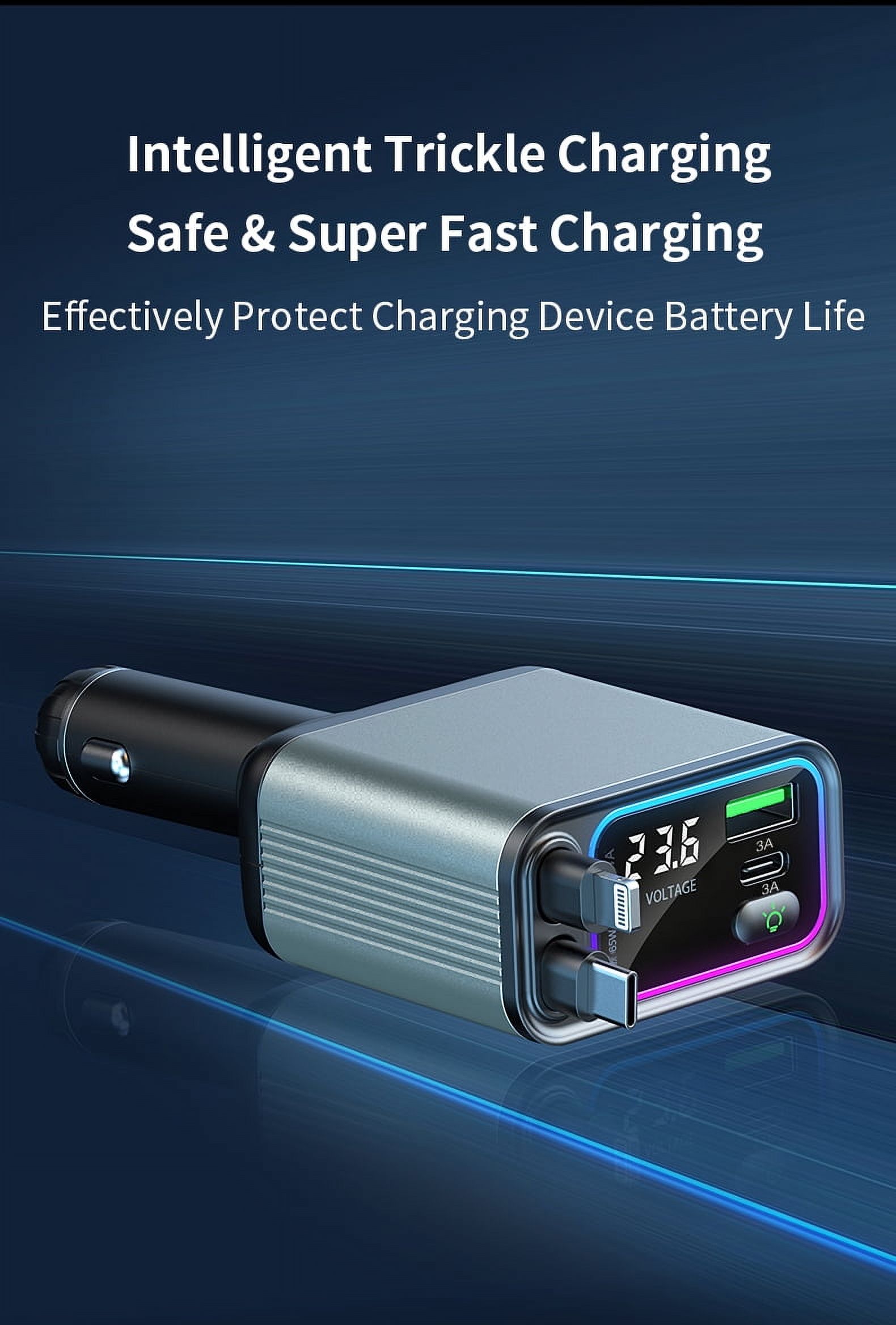 Aluminium Alloy Shell 4-in-1 Super Fast Charging Car Phone Charger with Retractable Cable