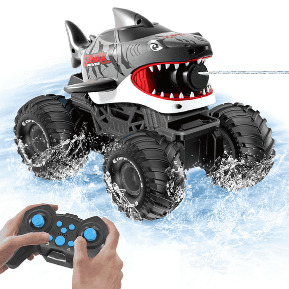 Richgv Remote Control Car Amphibious RC Shark Truck with Water Squirt, Waterproof All Terrain Off-Road Monster Truck, Kids Pool Toy Gift for Boy Girl Age 6