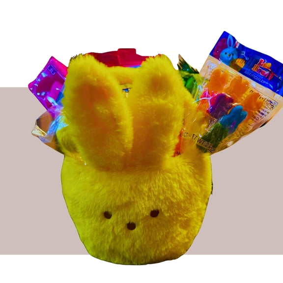 Everyday Necessiteez Easter Yellow Bunny Plush Gift Basket with Chick Huggable Plush Chicks Marshmallow Gummies Cotton Candy Surprises & Reusable Yellow Bunny Head Bucket Spring Party Favors (Contents
