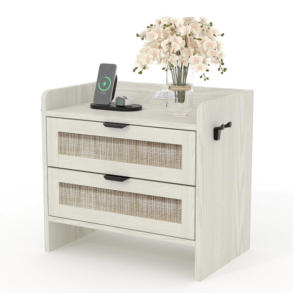 Modern Rattan Nightstand, Small Sofa Table, 2 Drawers Modern Night Stand with Type-C Charging Station, Suitable for Bedroom or Living Room, Milky White