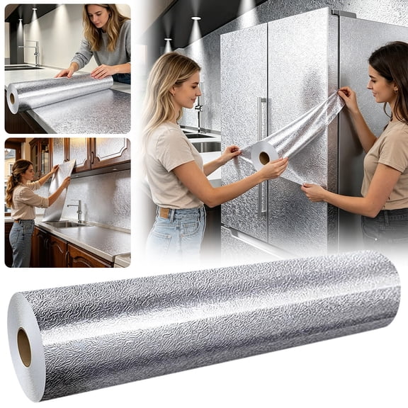 1Pc Kitchen Wallpaper Oil Proof Sticker Backsplash Aluminum Foil Self-Adhesive Paper Silver Cabinet Liner Shelf Liner Waterproof And Heat Resistant Peel And Stick Countertops for Kitchen Protector