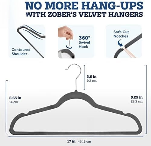 Velvet Hangers 50 Pack - Heavy Duty Gray Hangers for Coats, Pants & Dress Clothes - Non Slip Clothes Hanger Set - Space Saving Felt Hangers for Clothing