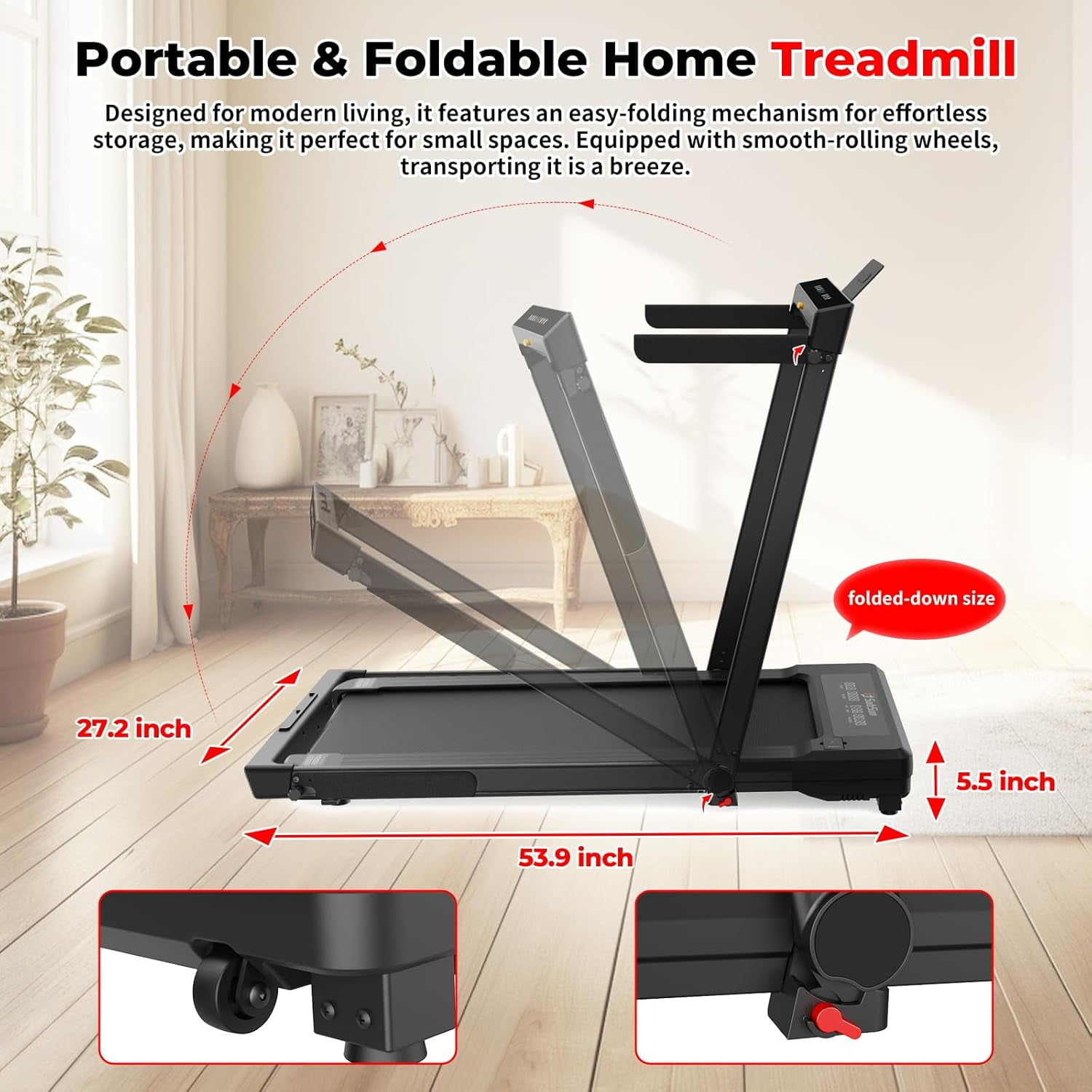 SubSunFolding Treadmill, Walking Pad with Handle, Under Desk Portable Treadmill for Home, Black/White