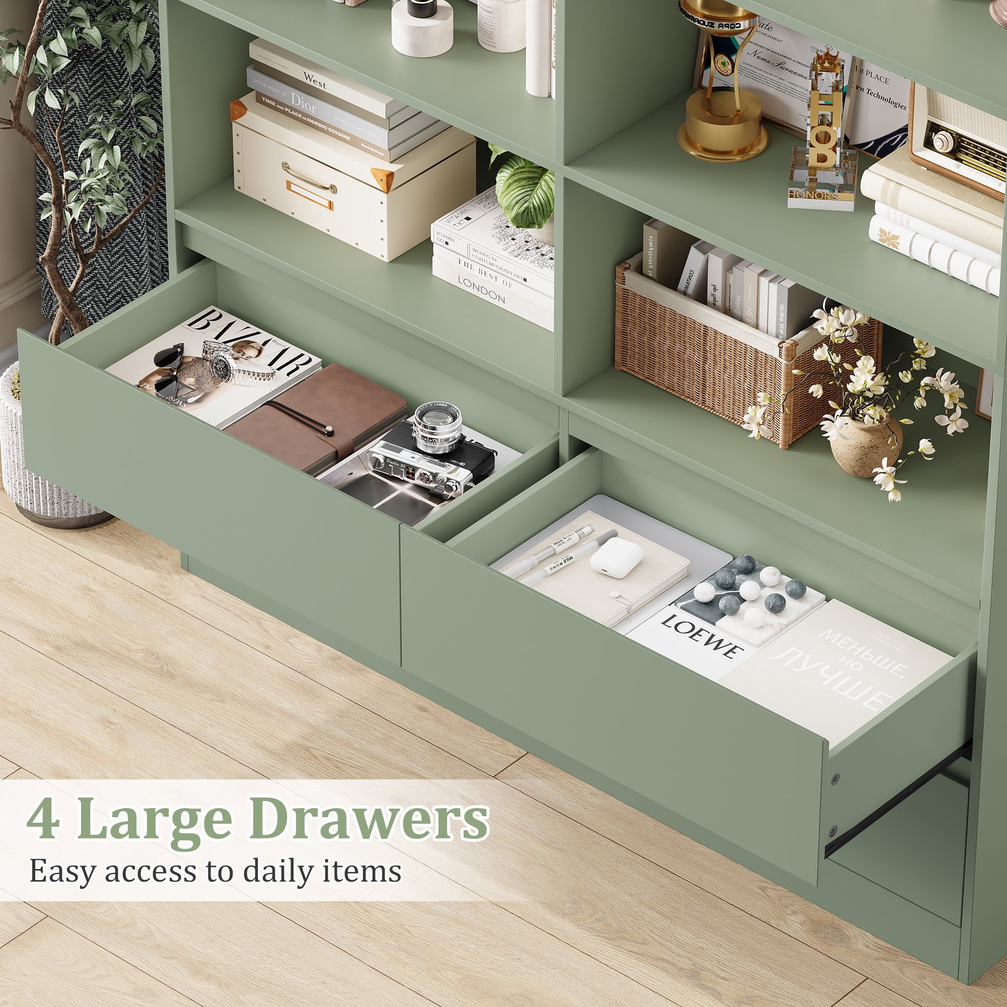 Homfa 71″ Tall Bookcase with 4 Drawers, 8 Cubes 6-Tier Double Row Bookshelf, Bookcase for Home Office Living Room, Green