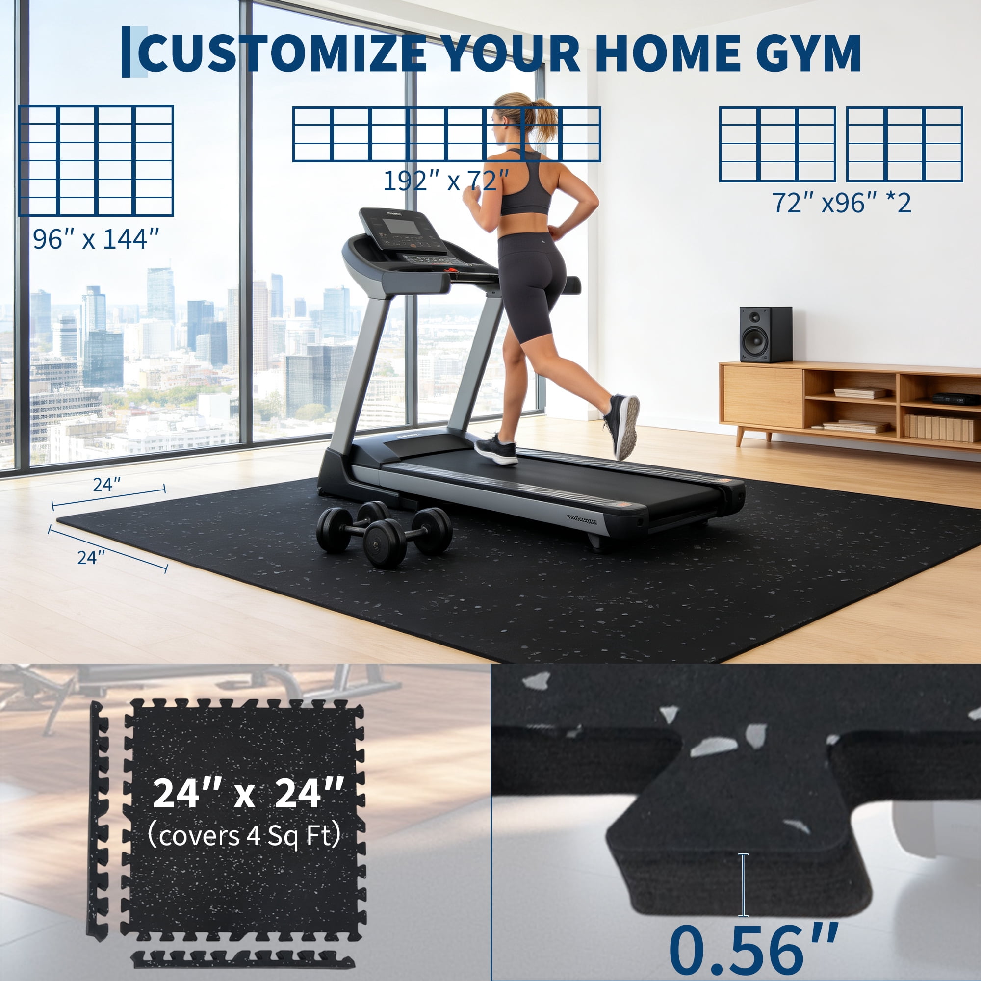 Gaderth Exercise Equipment Mats 0.56'' Thick,Interlocking Rubber Gym Flooring Mats,High-Density EVA Foam, Waterproof Non-Slip Exercise Mats for Home Gym & Workout Room