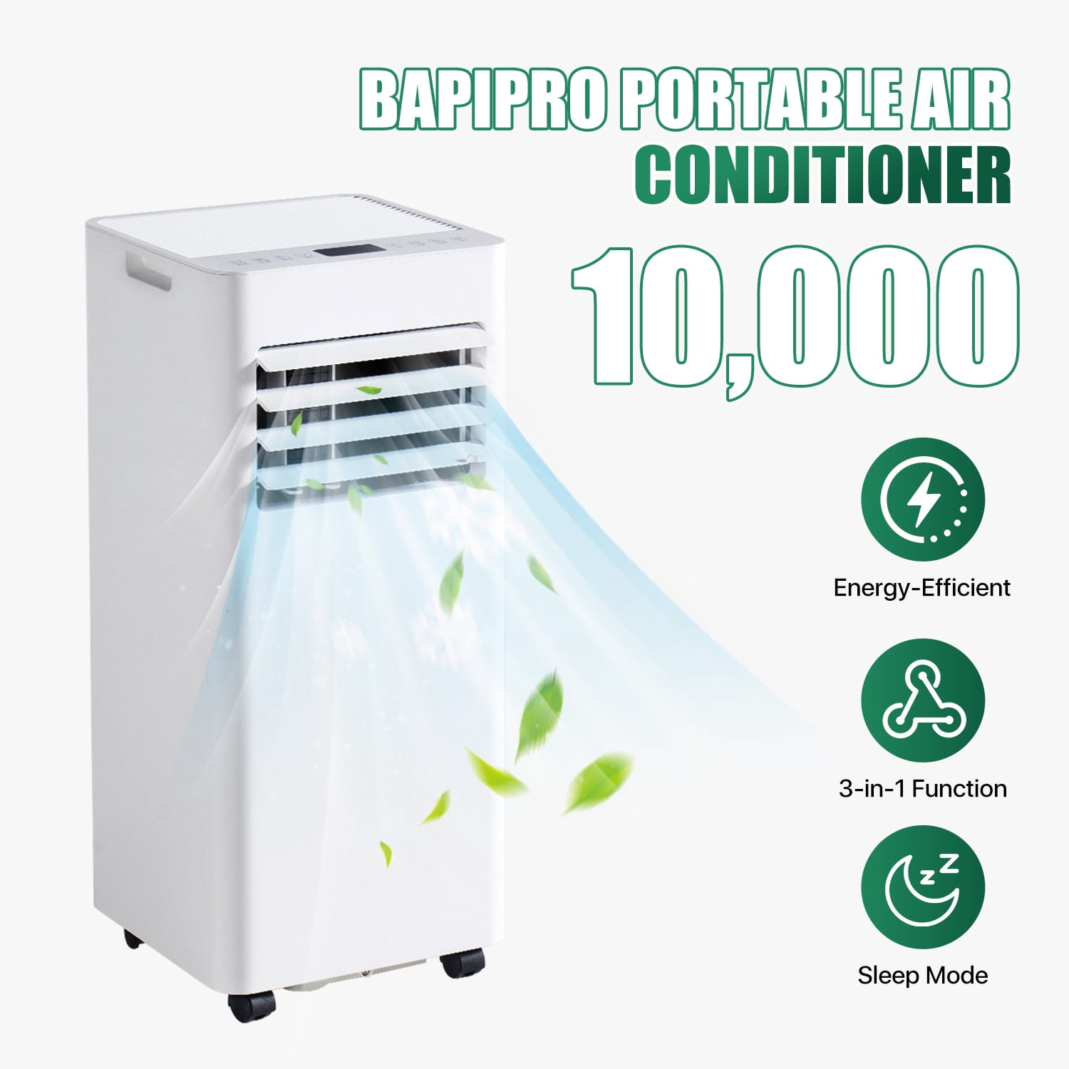 BaPiPro 10000 BTU Portable Air Conditioner with Heat Function, White, for Living Room and Bedroom