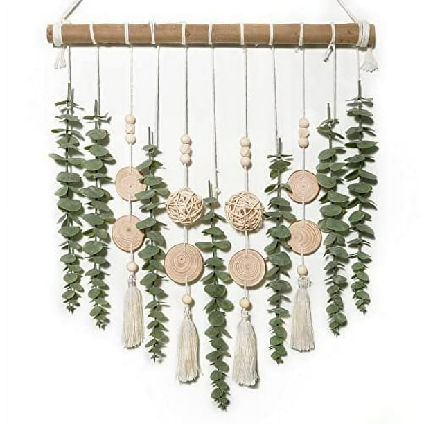 Nvzi Decoración de pared de eucalipto artificial, hojas de vegetación falsa, tallos, plantas colgantes de pared en un palo de madera de 15,7 pulgadas,comedor, baño, A