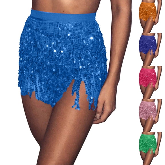 IQOGKRN Women's Sequin Tassel Skirt Sparkly Fringe Skirt for Women Glitter Festival Party Skirts Blue One Size