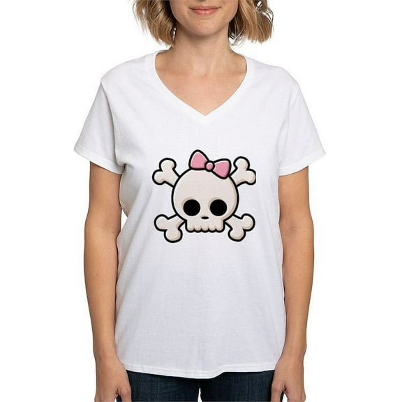 CafePress - Cute Skull Girl Women's V Neck T Shirt - Womens Cotton V-Neck T-shirt