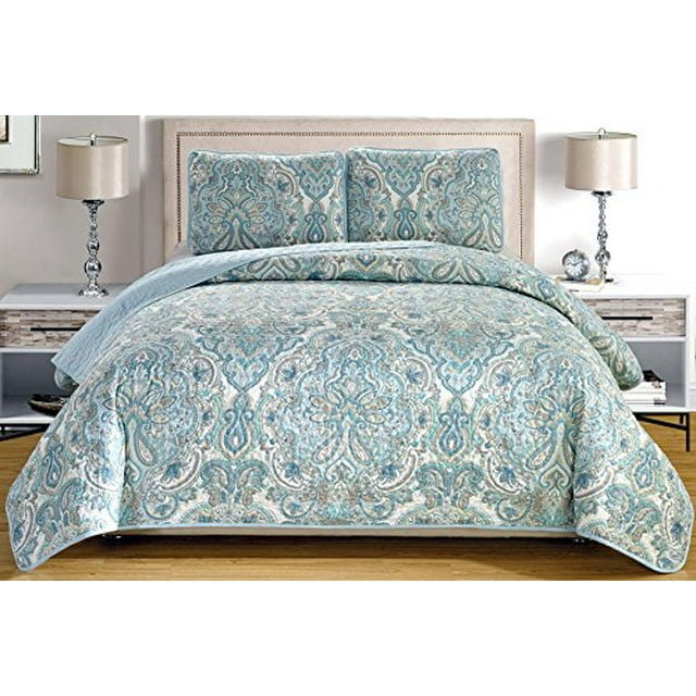 Ensemble de Courtepointe 3 Pcs à Imprimé Fin, Grande Taille (115 Pouces X 95 Pouces), Couvre-Lit Réversible, Couvre-Lit Grand Lit (Bleu Pâle, Gris, Cachemire