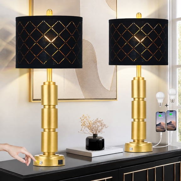 Lolikit Modern Gold Table Lamp Set of 2 for Bedroom Living Room 29" Industrial 3 Way Dimmable Touch Bedside Lamps with USB C A Ports Black Shade,Bulbs Included