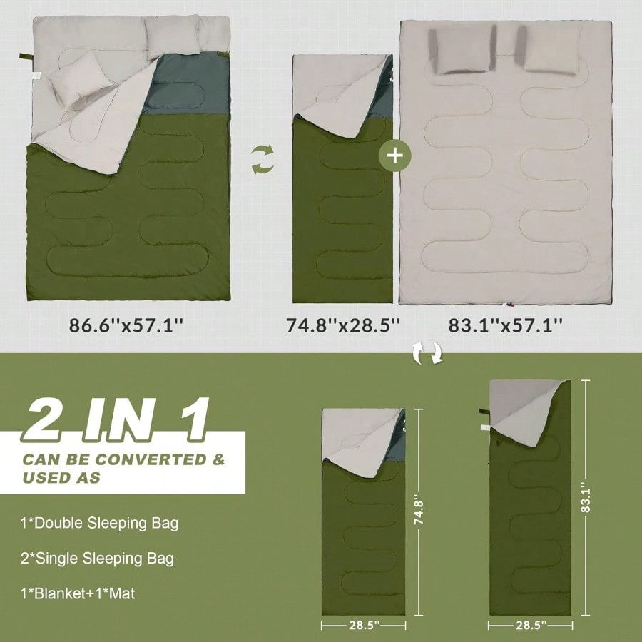Double Sleeping Bag With 2 Pillows For Adults Queen Size XL Sleeping Bag Waterproof Compact With Compression Sack 2 Person Sleeping Bags For 34 Seasons Camping Backpacking Hiking Travel