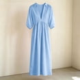 thumbnail image 3 of Ohufall Womens Cotton Linen Dress 3/4 Sleeve V Neck High Waist Dresses Turndown Collar Fashion Maxi Dress, 3 of 4