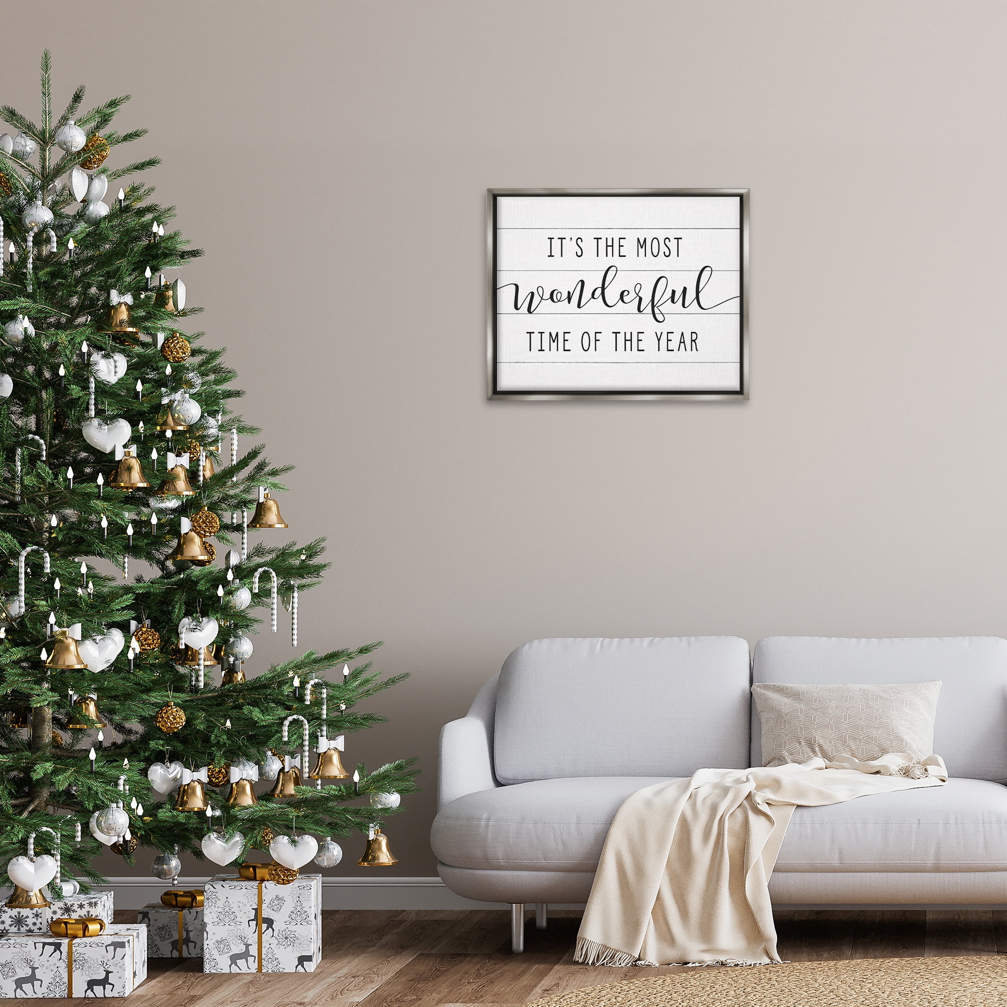 Stupell Industries Most Wonderful Time Rustic Chic Holiday Painting Gray Floater Framed Canvas Art Print Wall Art, 31 x 25