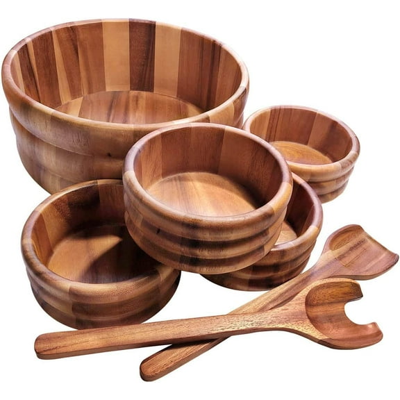 Kalmar Home 7 Piece - Extra Large Wooden Salad Bowl with 4 Individual Bowls and 2 Piece Serving Utensils