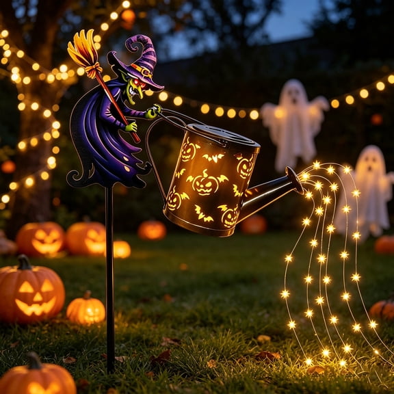 Witch Halloween Outdoor Yard Solar Decorations, Metal Watering Can Stake Light, Solar Powered Outdoor Halloween Lights for Lawn Garden, Witch Halloween Yard Art, Patio Outdoor
