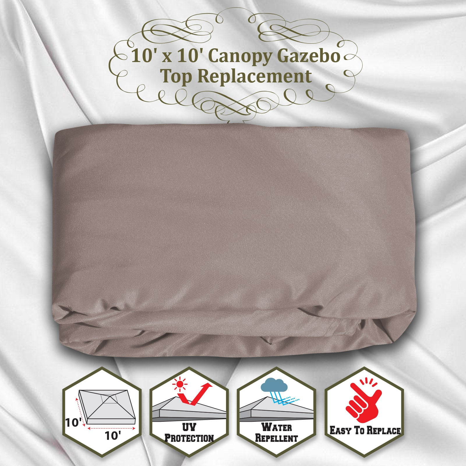 SUNRISEUMBRELLA 119“”x119” Gazebo Replacement Canopy Top Single Tier Canopy Top Cover(TAUPE)