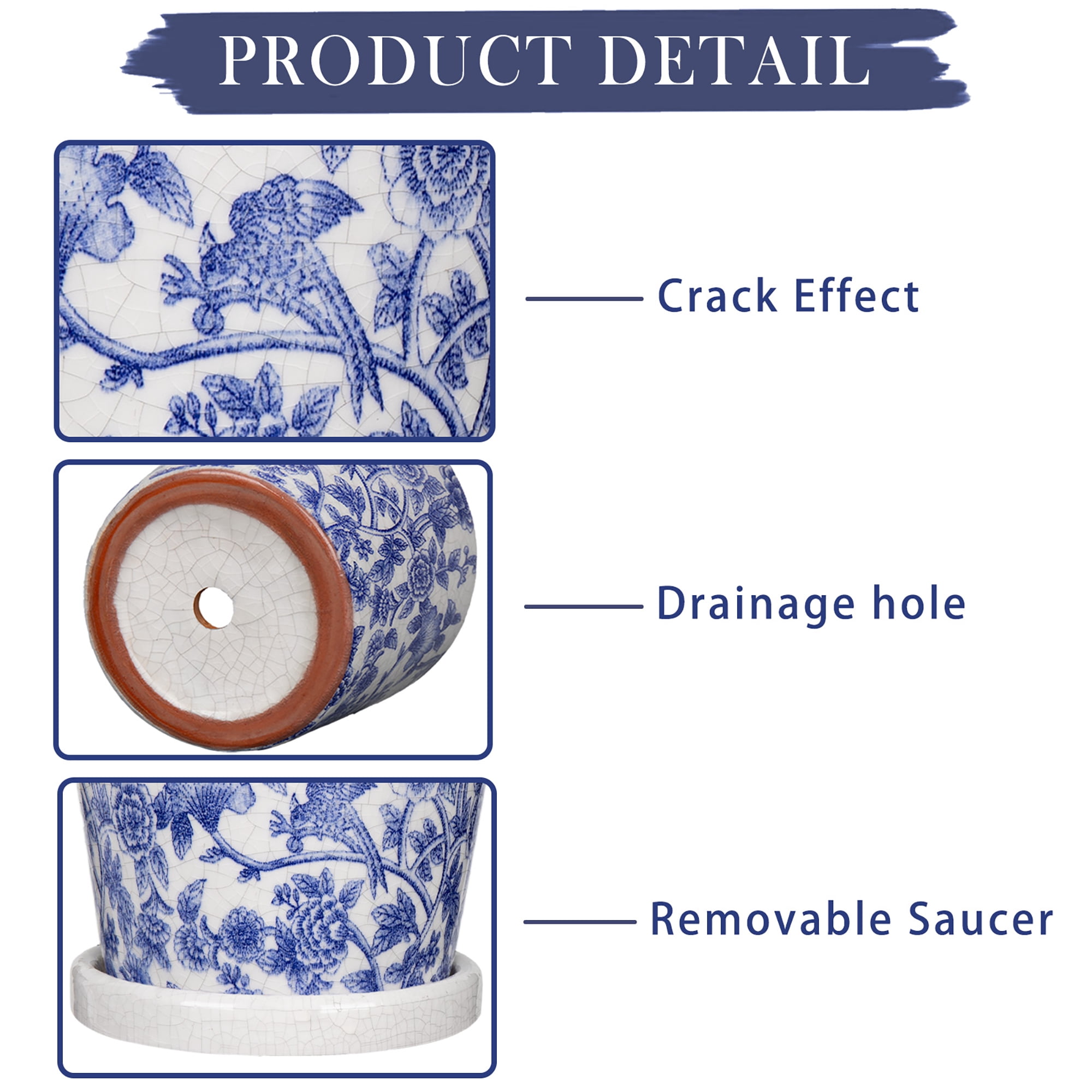 Set of 3 Decorative Plant Pots Blue and White Flower Pot, Round Ceramic Planters for Indoor Plants Pots with Drainage Hole Saucers, Retro Planter Pot for Succulents Cactus Outdoor Garden, 5.5/5.7 Inch