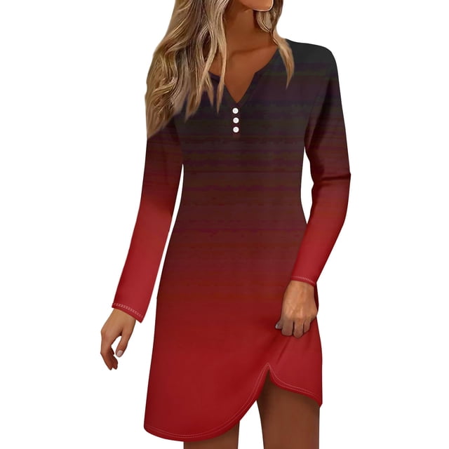 Robe d'Uniforme pour Femmes Robe Courte à Manches Longues Dégradé Mini Robe Décontractée Ample Fluide d'Automne Sans Manches pour Femmes P-68 Vin G