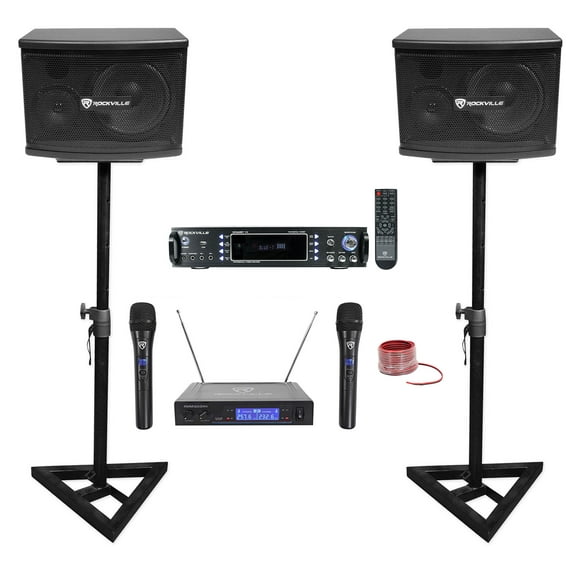 Rockville Karaoke Bluetooth Amp Adjustable Stands Wireless Mics Car Audio Speaker Wire