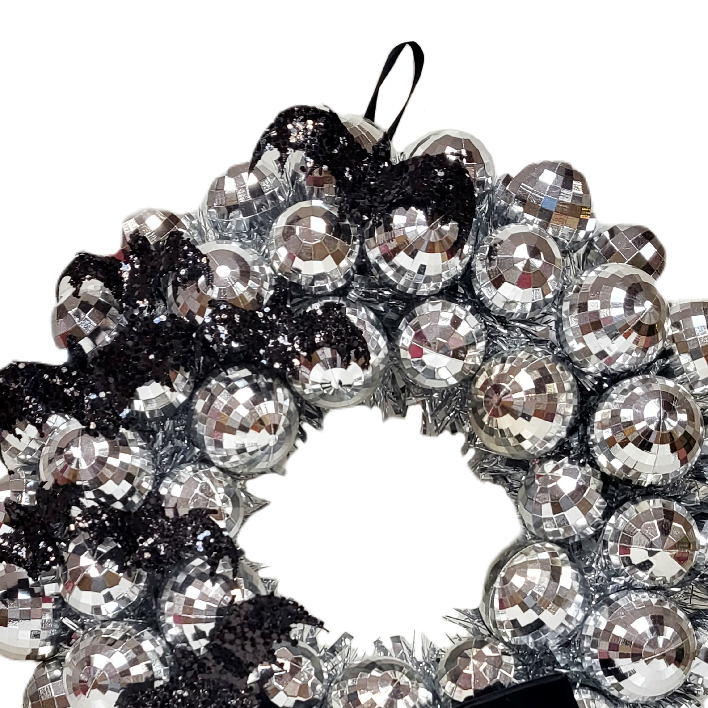 Disco Ball and Bats Wreath, Silver and Black, 17", Halloween by Way To Celebrate