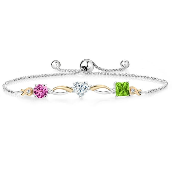 Gem Stone King 925 Silver and 10K Yellow Gold Pink Created Sapphire Moissanite Green Peridot and Lab Grown Diamond Tennis Bracelet for Women By Keren Hanan (2.08 cttw, Adjustable up To 9 inch)