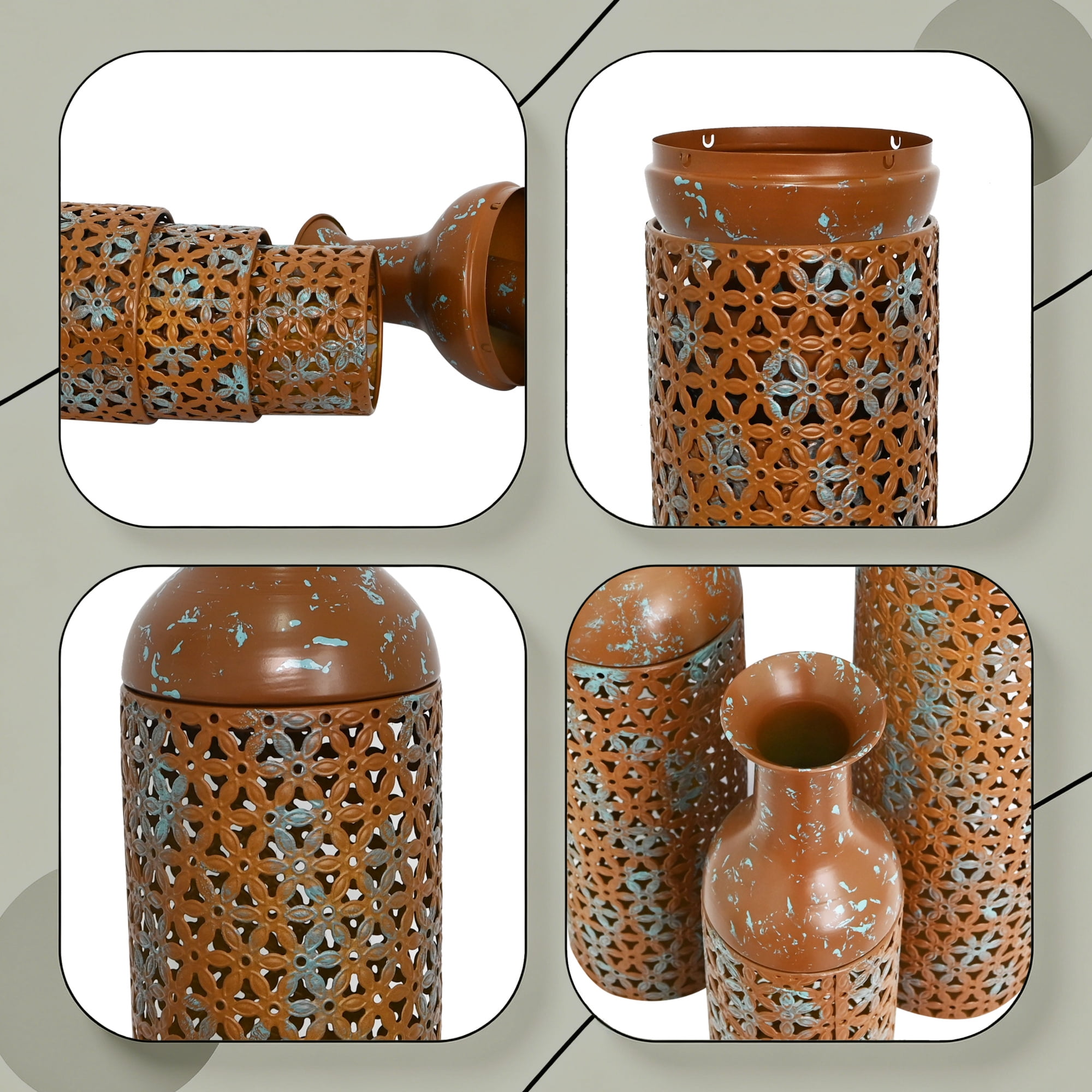 Leumius Decorative Metal Vases Set of 3, Rustic Brown Leaf Pattern Floor Vases,Rustic Brown Tall Vases for Home Decor, Living Room Entryway Decor