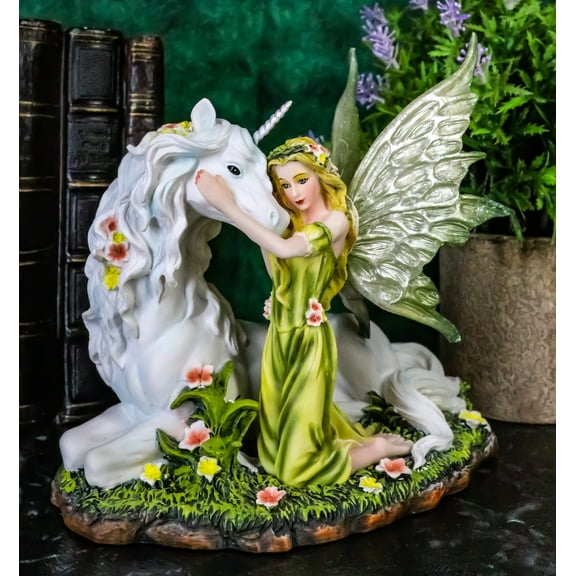 Green Earth Gaia Fairy With Rare Floral White Unicorn Statue Decor Figurine 7"L