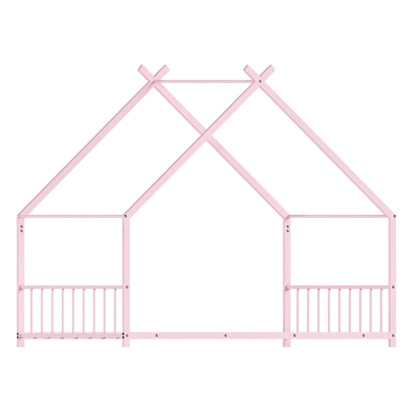 Pink Flat Bed House Shape with Side Guardrails Twin Children's Iron Bed