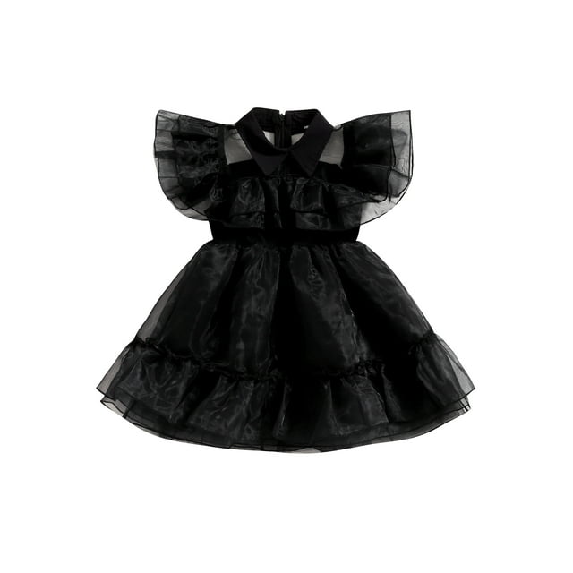 SUNSIOM Robe Décontractée d'Halloween pour Filles Manches Volantes Noires Col Rabattu Robe en Tulle Ligne A