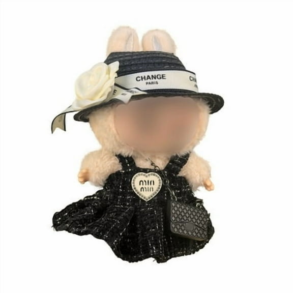 4-Piece Luxury Black Outfit Set for 14-17cm Dolls | Dress, Bow Clip, Hat & Crossbody Bag | Compatible with Popmart The Monsters  (No Doll)