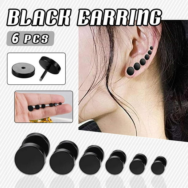 WREESH 6PCS Black Earring 5-10 mm Stainless Steel Fake Plug for