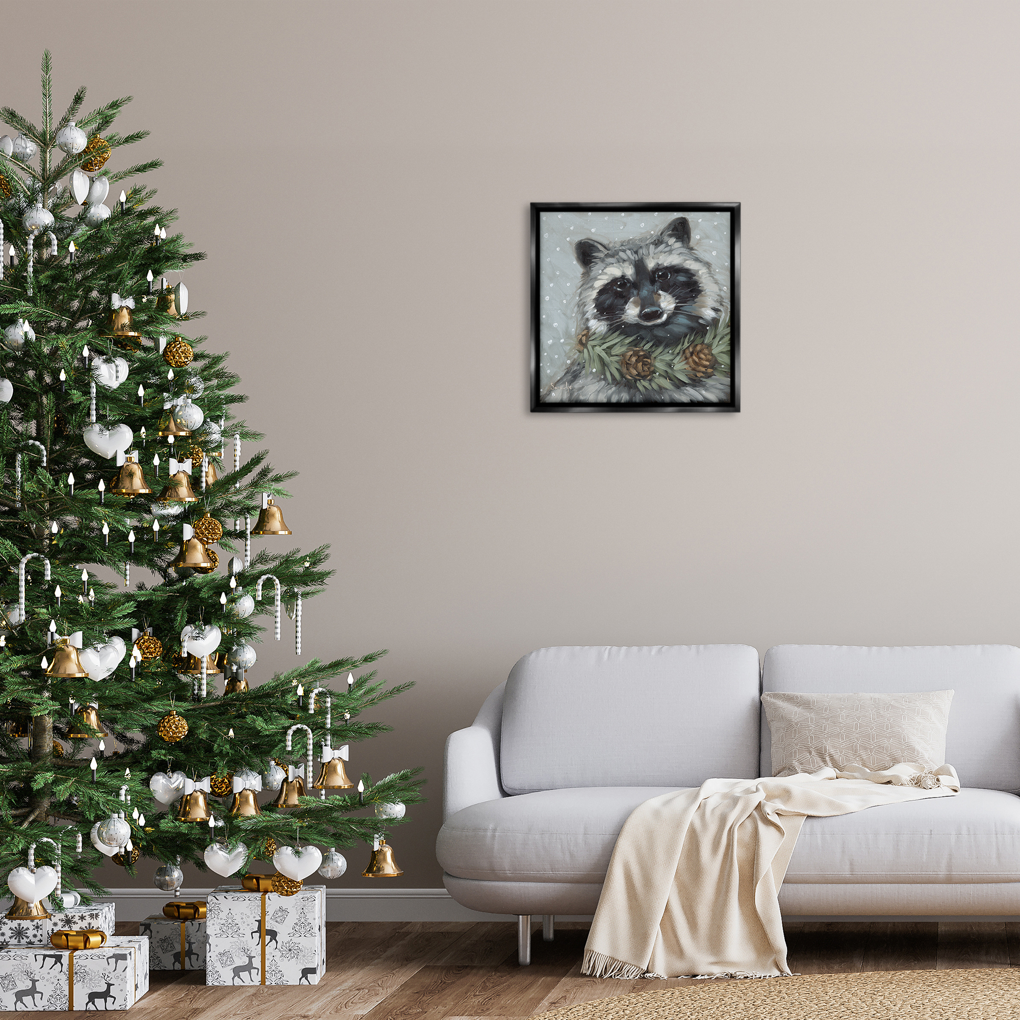 Stupell Industries Raccoon with Pinecones Holiday Painting Black Floater Framed Canvas Art Prints Wall Art, 25 x 25