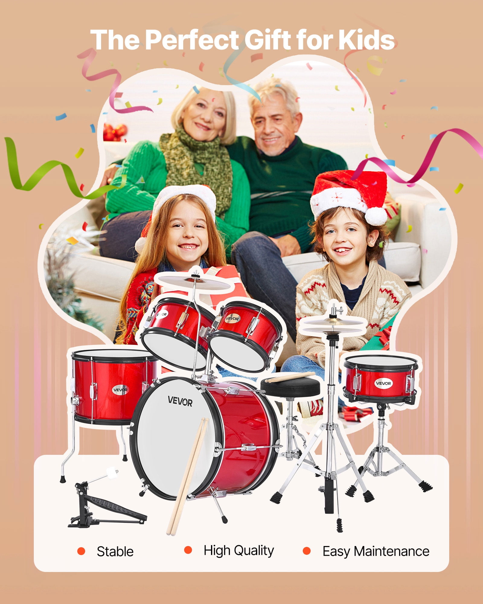 VEVOR Kids Drum Set, 5-Piece 16 in Junior Drum Sets, Beginner Drums Set with Adjustable Throne, Cymbal & Two Pairs of Drumsticks(Red)