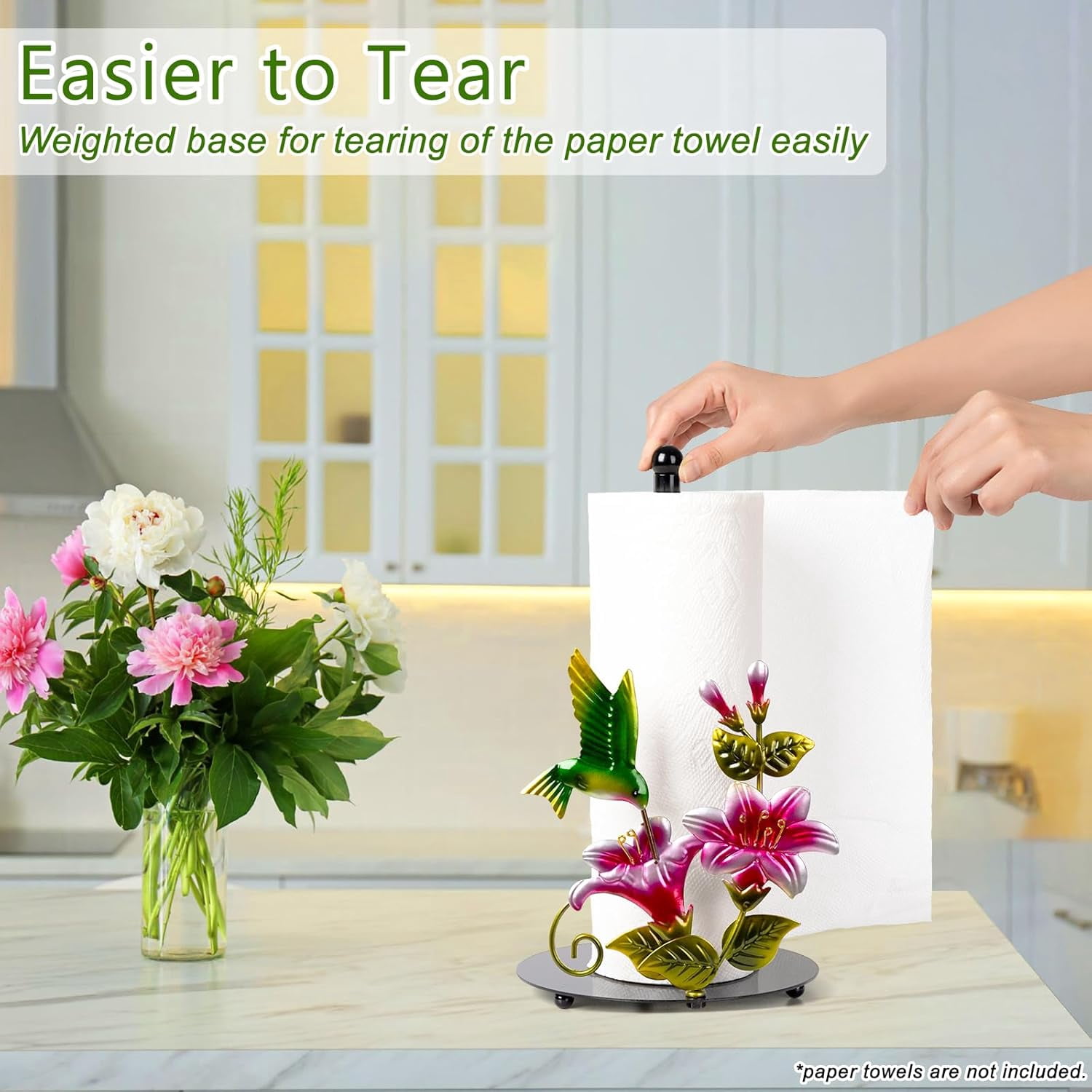 ThrottleT - Flower & Hummingbird Decor Paper Towel Roll Holder Countertop - Farmhouse Kitchen Decor and Accessories, Hummingbird Housewarming Gifts for Women Mom Grandma, Weighted Base