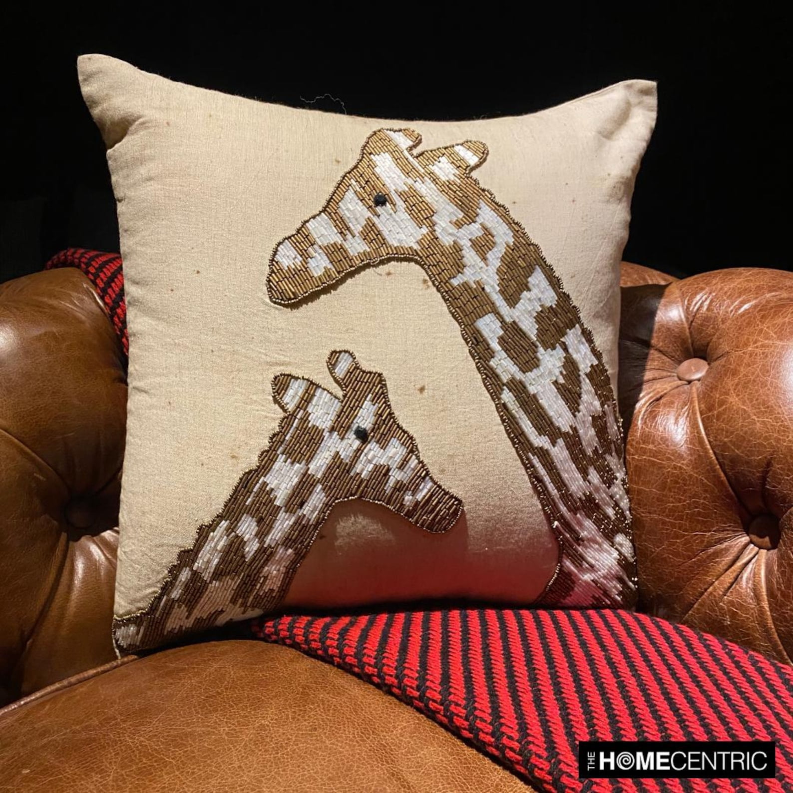 The HomeCentric Pillow Case With Zipper Decorative Animal Print Pillow CoverAccent Couch Sofa Bed Pillow Case Pack of 2 24x24 inch Beige Linen Pillow Cover Bead Embroidered - Giraffe Talk