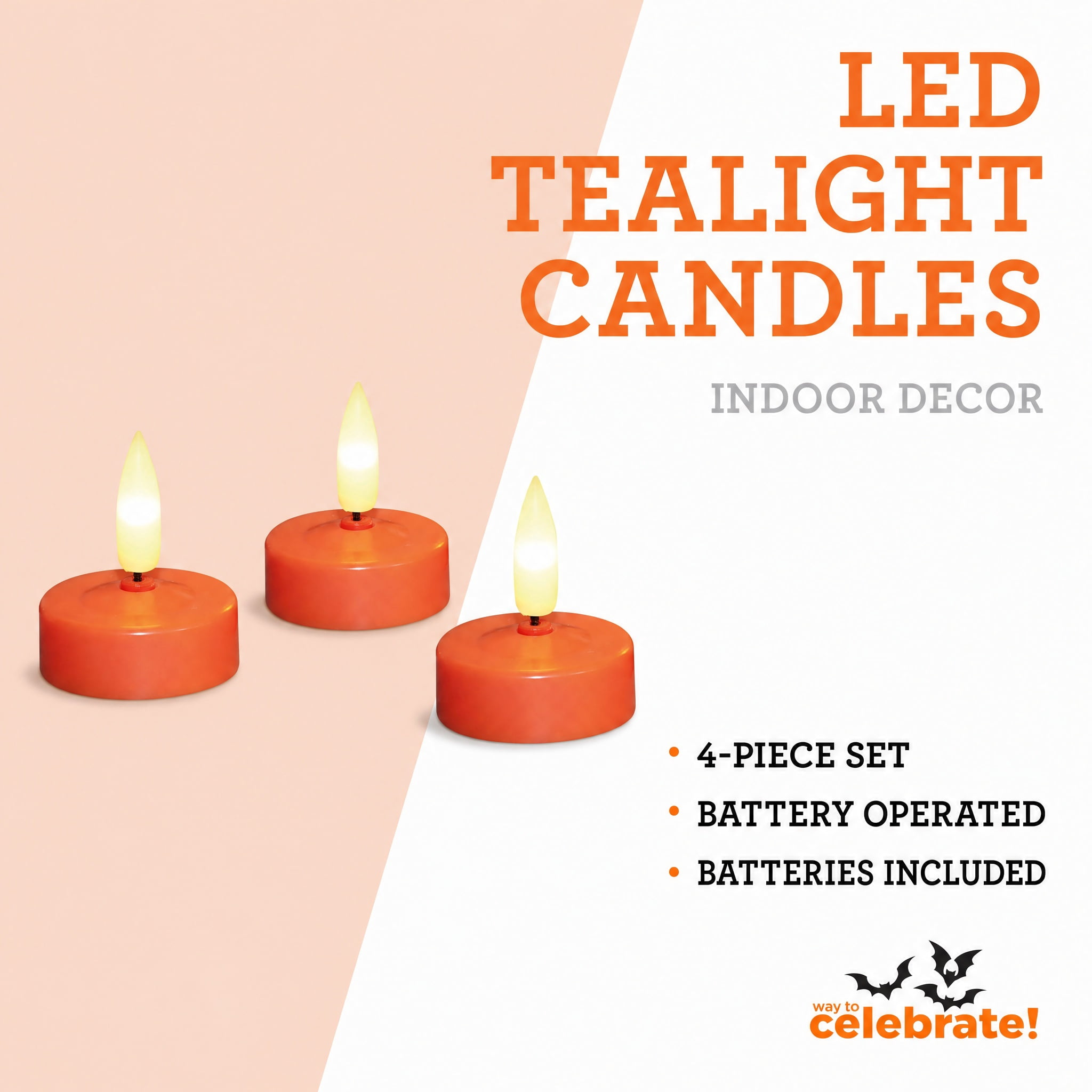 Battery-Operated LED Tealight Candles, Orange, 4 Count, Halloween by Way To Celebrate