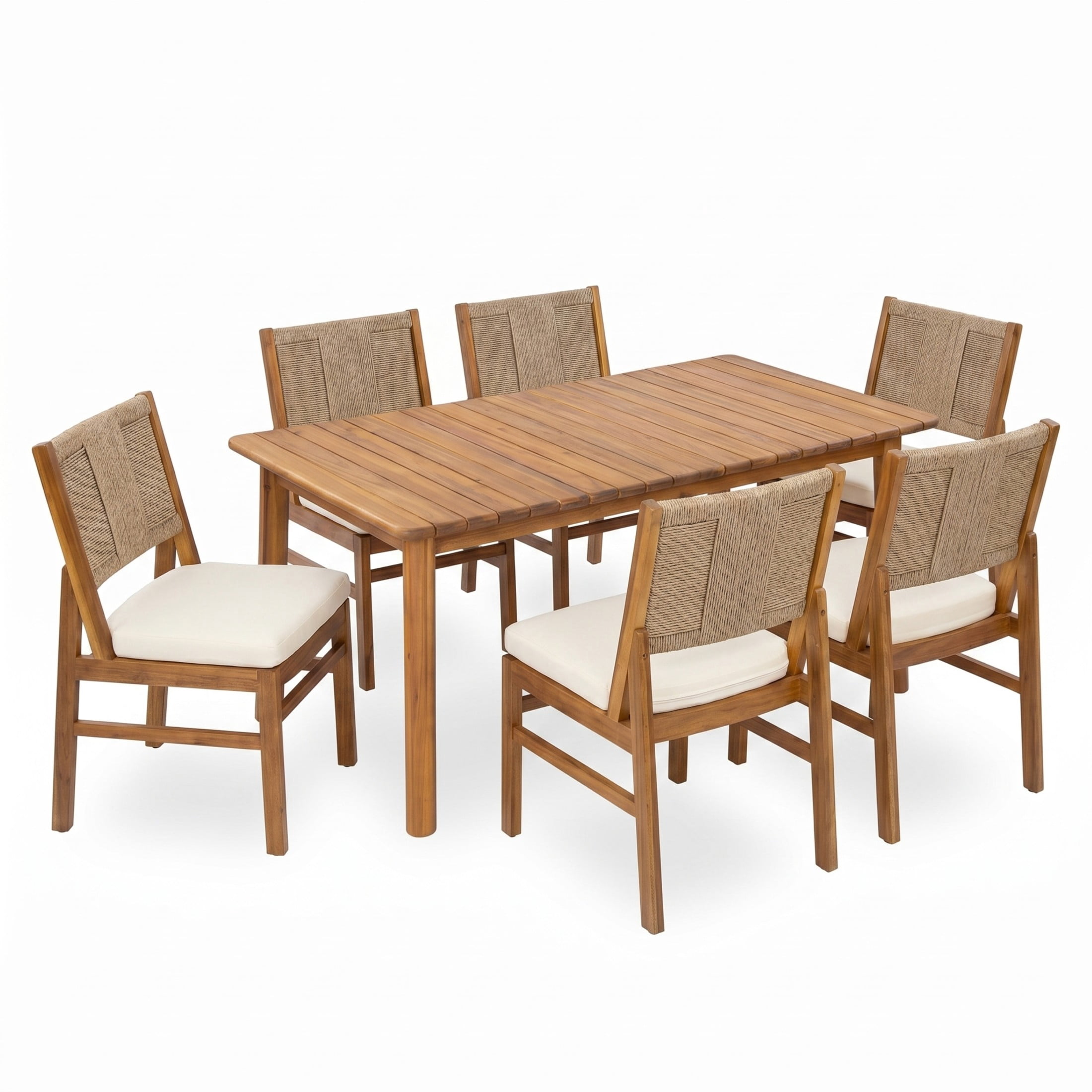 Christopher Knight Home 7-Piece Wood Outdoor Dining Set, Extendable Table with Line Weave Wicker Chairs, Teak+Cream